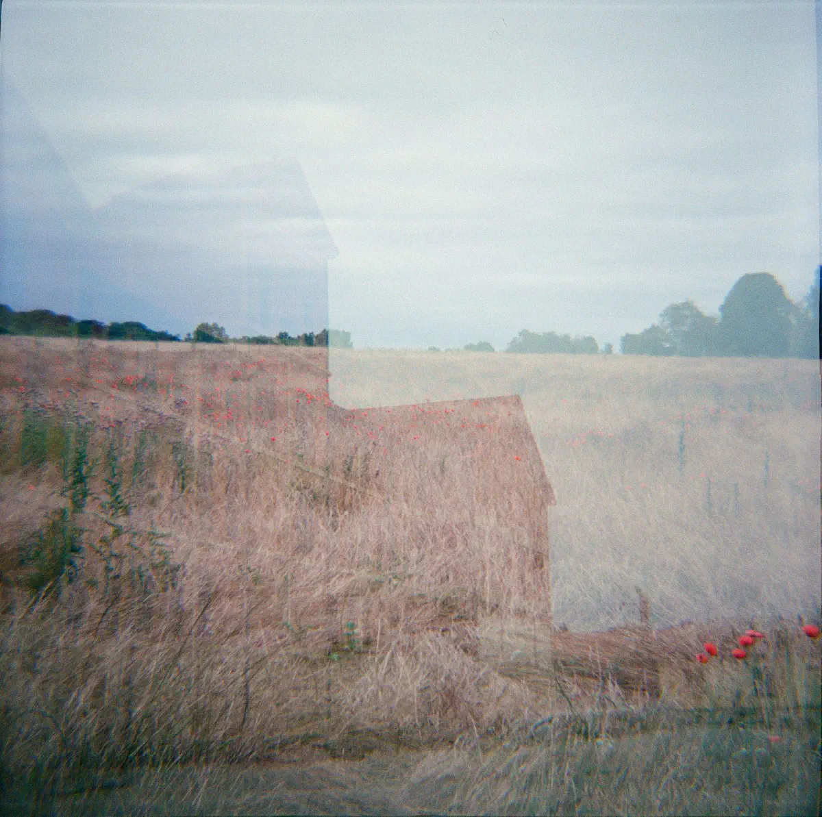 Double exposure picture of a field and the Camp des Milles