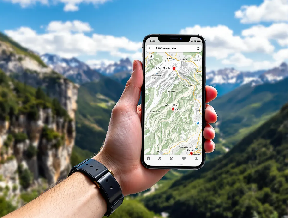 Un téléphone affichant une carte topographique avec des montagnes en arrière-plan